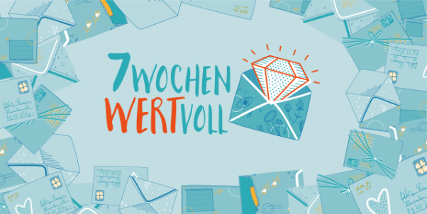 Werbung zu 7 Wochen WERTvoll mit diesem Schriftzug auf blauem Hintergrund und einigen Briefen